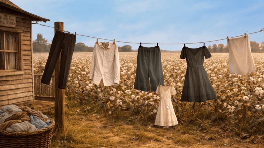 Wasgoed boven cotton fields_still uit game 'Fly High Bessie Coleman; 