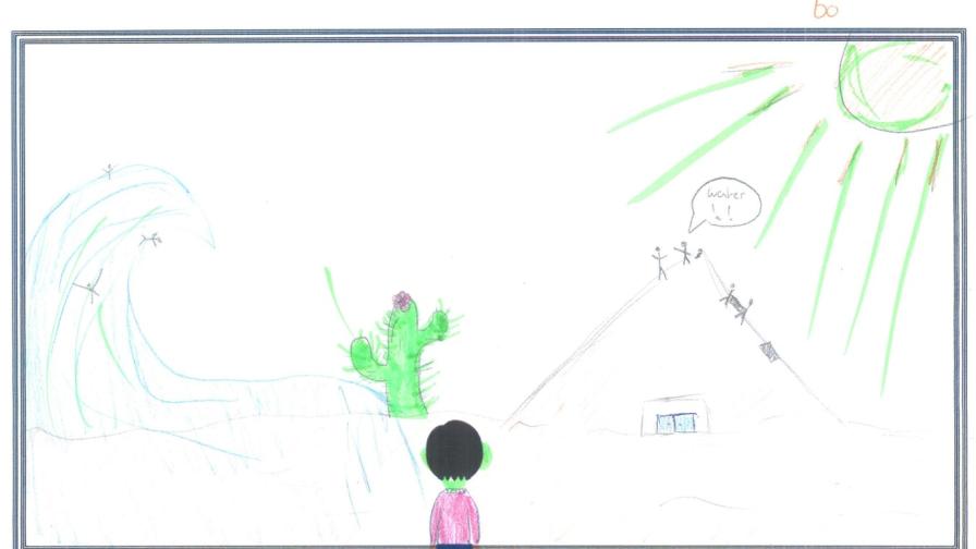 tekening met daarop een cactus en zon