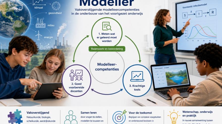 compilatie van foto's van leerlingen in de klas en in het midden een grafisch model in cirkel met 3 bollen