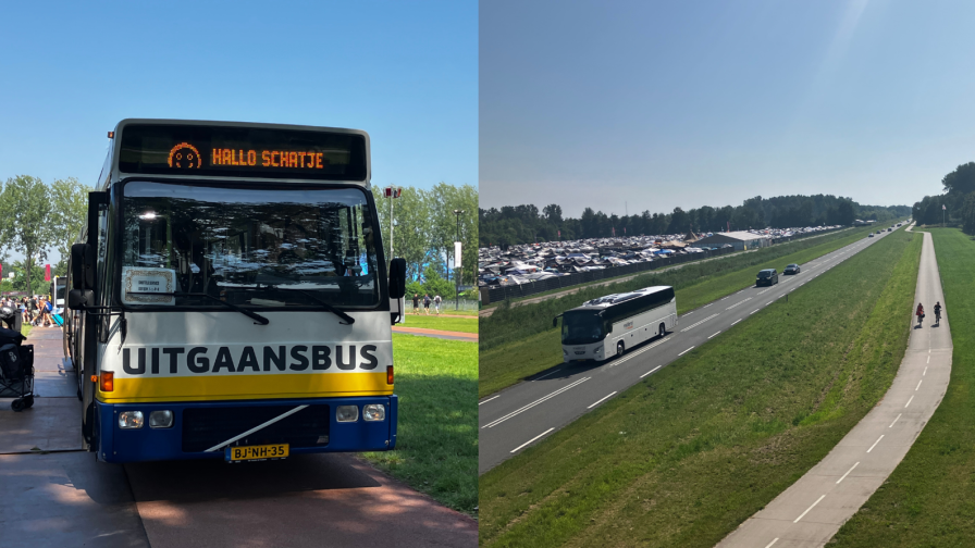 Foto van een partybus en foto van een normale bus en fietsers onderweg