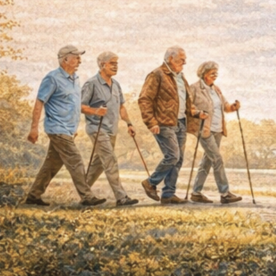 Ouderen wandelen hei