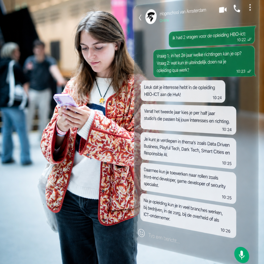 Foto van een student met haar telefoon