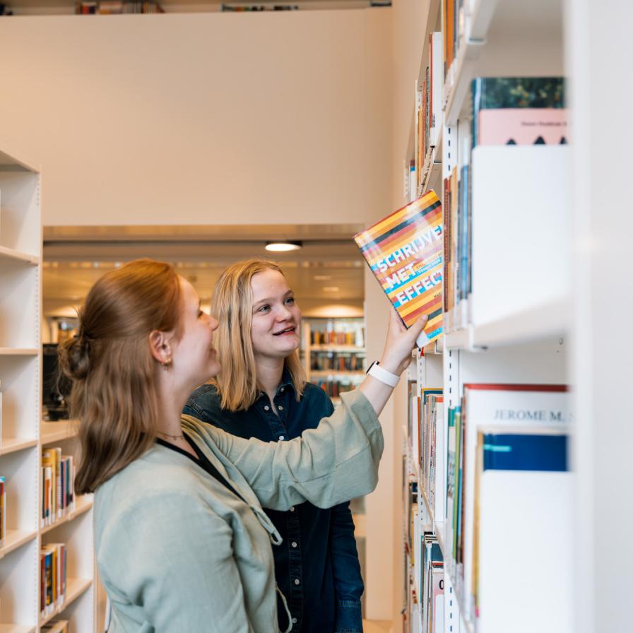 Studenten Leraar Nederlands in de bibliotheek