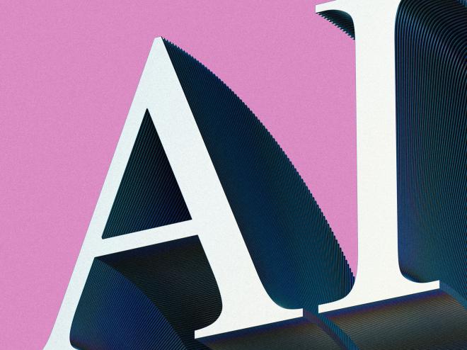 Grafische illustratie met grote letters ‘AI’ op roze achtergrond; gebruikt om de impact van kunstmatige intelligentie binnen het HvA-lectoraat Responsible IT te benadrukken.